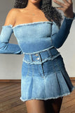 hulianfu Gradient Girly Off Shoulder Denim Blouse