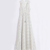 hulianfu V Neck Dot Printed Floor Length Dress(3 Colors)