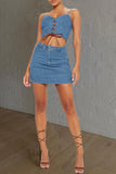 hulianfu Solid Color Smart Strappy Denim Skirt Suit