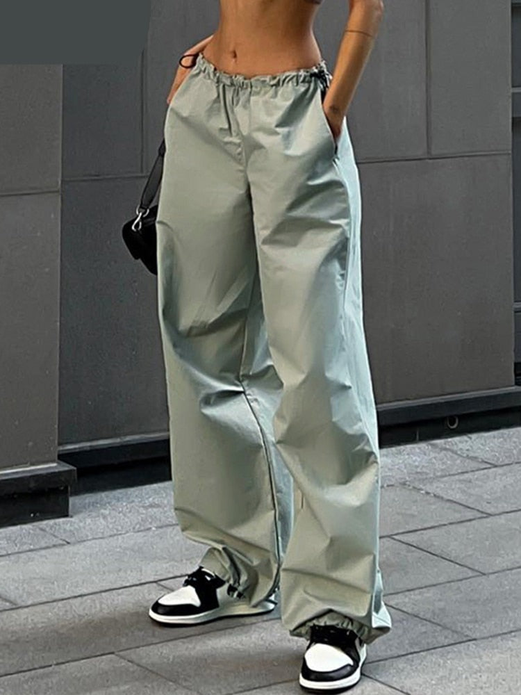 Hulianfu Fashion High Street Cargo Pants Women Casual Sweatpants Solid Loose Trousers Drawstring Waist Wide Leg Pants Y2K Party
