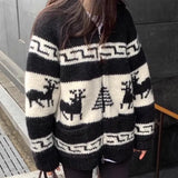 hulianfu Chic Knitted Cardigan Women Sweaters Pull Print Zipper Christmas Sweater Temperament Vintage Casual Oversized Sweater Tops