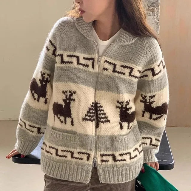 hulianfu Chic Knitted Cardigan Women Sweaters Pull Print Zipper Christmas Sweater Temperament Vintage Casual Oversized Sweater Tops