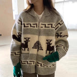 hulianfu Chic Knitted Cardigan Women Sweaters Pull Print Zipper Christmas Sweater Temperament Vintage Casual Oversized Sweater Tops