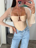 hulianfu Mesh Tshirts Tops Fishbone See-through Shoulder-Baring Stringy Selvedge Blouse Tops Halterneck T-shirt Top for Women