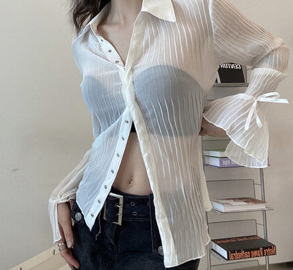Hulianfu Autumn Women Sexy T Shirts Vintage Fashion V Neck Button Y2k See Through White Casual Long Sleeve Top Ladies