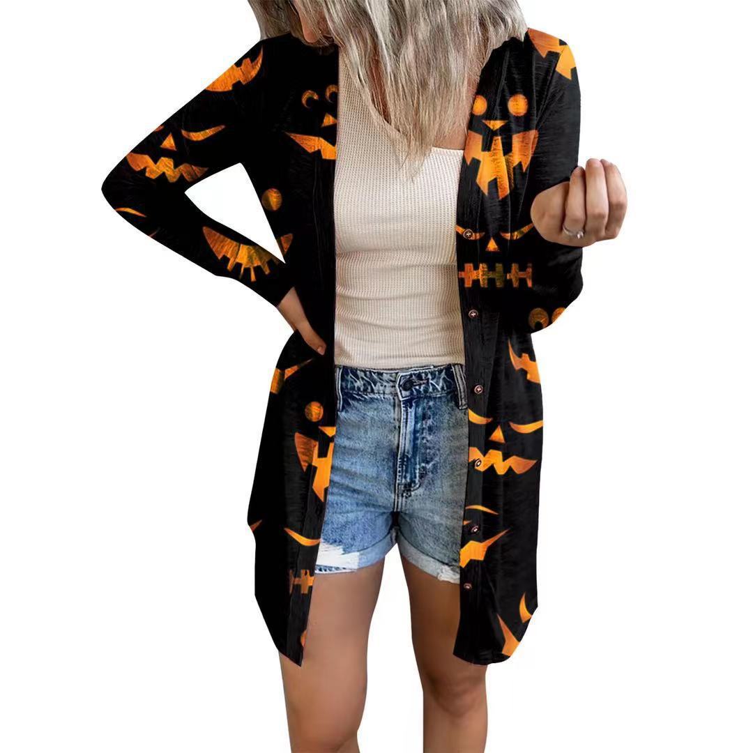 Halloween Cardigan Coats Women  Ghost bat Pumpkin Black Cat Printing Clothes Plus Size Autumn Winter Long Cardigans Tops Jacket
