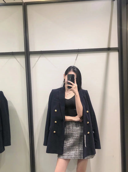 Hulianfu Blazer Women Traf Fashion Metal Double Breasted Woollen Blazers Coat Vintage Long Sleeve Female Outerwear Chic Tops
