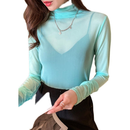 Hulianfu Size M-3XL Girls Colorful Mesh T-Shirts Tees Female Transparent Long Sleeve Turtleneck Thin Tshirt Tops Women Spring Fall