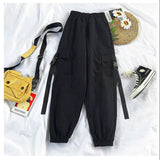 hulianfu  Spring Streetwear Pants High-Waist Straight Ribbon Cargo Pants Student Loose Short-Sleeved Shirt with Tie two-piece Set