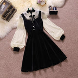 Vintage Velvet Black Dress Stand Neck Lantern Sleeve Party Dress High Waist Slim Vestidos Korean Elegant Dresses Women