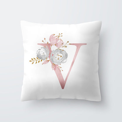 HULIANFU Pink Letter Decorative Floral Pillow Gold Alphabet Cushion for Sofa Polyester Pillowcase Decoration Salon