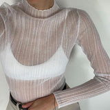 Hulianfu Fall Elegant See Through Long Sleeve Mock Neck Women Tops Fashion Streetwear Sexy T-Shirts Tees Slim Clothes