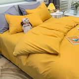 HULIANFU Washed cotton four-piece quilt cover sheet pillowcase bedding quilt soft solid color simple adult sanding three-piece bed sheet