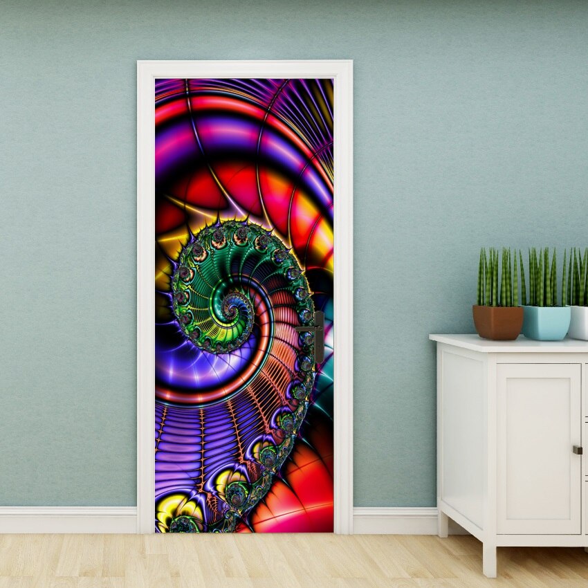 HULIANFU PVC Material Self-adhesive Door Stickers Art Colorful Light Tie-dye Blooming Abstract Home Decor Poster Door Decoration Stickers