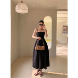 New Texture Jacquard Vintage Black Spaghetti Strap Square Collar A-Line Ankle-Length Dresses Women