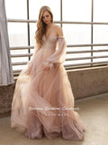 hulianfu  Sweet Dusty Pink Prom Dresses Off Shoulder Long Sleeves Princess Party Dresses Pleated Tulle A-Line Formal Evening Gowns
