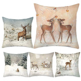 HULIANFU Merry Christmas Pillow Case Xmas Deer In Snow Forest Picture Cushion Cover For Home Sofa Decor Short Plush Pillowcases