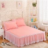 HULIANFU Pink Lace Lotus Leaf Lace Bed Skirts Princess Style Solid Color Bedspread Bed Cover Non-Slip Sheets Without Pillowcase