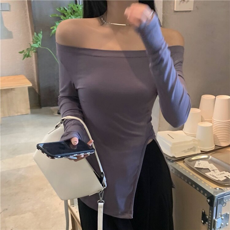 Hulianfu New Women's Slim Off-shoulder Full Sleeve T-shirts Girls Solid Stretchy Irregular Split Tshirt Tops Slash Neck Tees