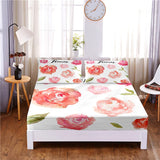 HULIANFU Pink Flower Digital Printed 3pc Polyester  Fitted Sheet Mattress Cover Four Corners with Elastic Band Bed Sheet Pillowcases