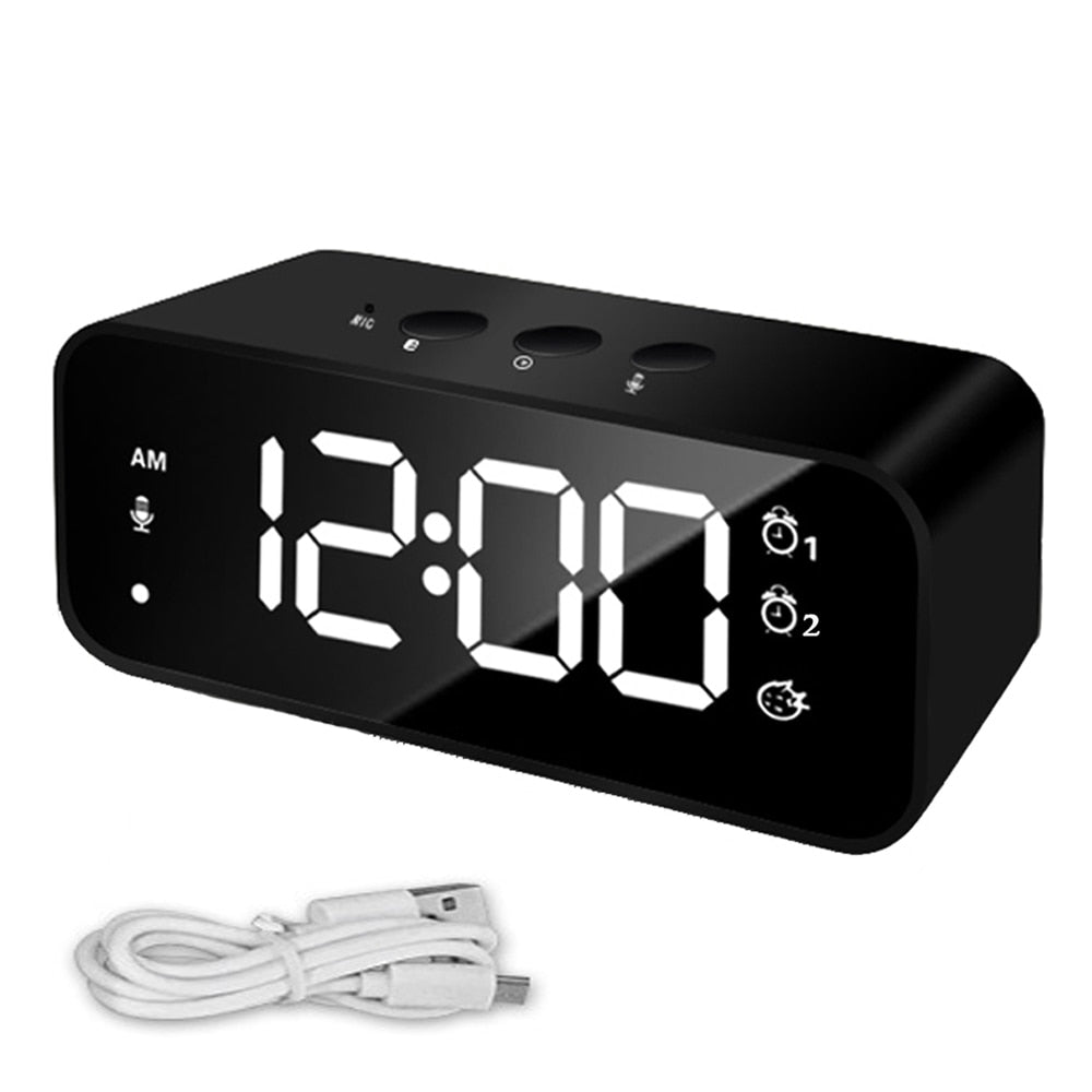 HULIANFU Rechargeable DIY Sound Recording LED Mirror Music Clock with Dual Alarms and Snooze Bedroom Decor Desk Table Phone Charger Clock
