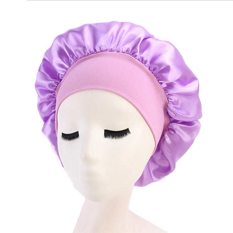 HULIANFU Women Sleeping Caps Bathroom Satin Solid Color Stretch Bonnets Hair Hat for Daily Use and Beauty