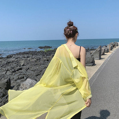 Hulianfu Women Blouse Sun Protection Fashion Long Lantern Sleeve Outerwear Sheer All-match Thin Beach Street Comfort Korean Style Leisure