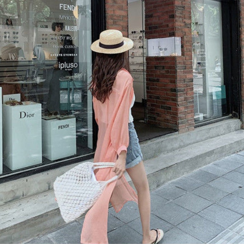 Hulianfu Women Blouse Sun Protection Fashion Long Lantern Sleeve Outerwear Sheer All-match Thin Beach Street Comfort Korean Style Leisure