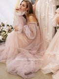 hulianfu  Sweet Dusty Pink Prom Dresses Off Shoulder Long Sleeves Princess Party Dresses Pleated Tulle A-Line Formal Evening Gowns