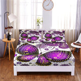 HULIANFU Purple Butterfly Digital Printed 3pc Polyester  Fitted Sheet Mattress Cover Four Corners with Elastic Band Bed Sheet Pillowcases