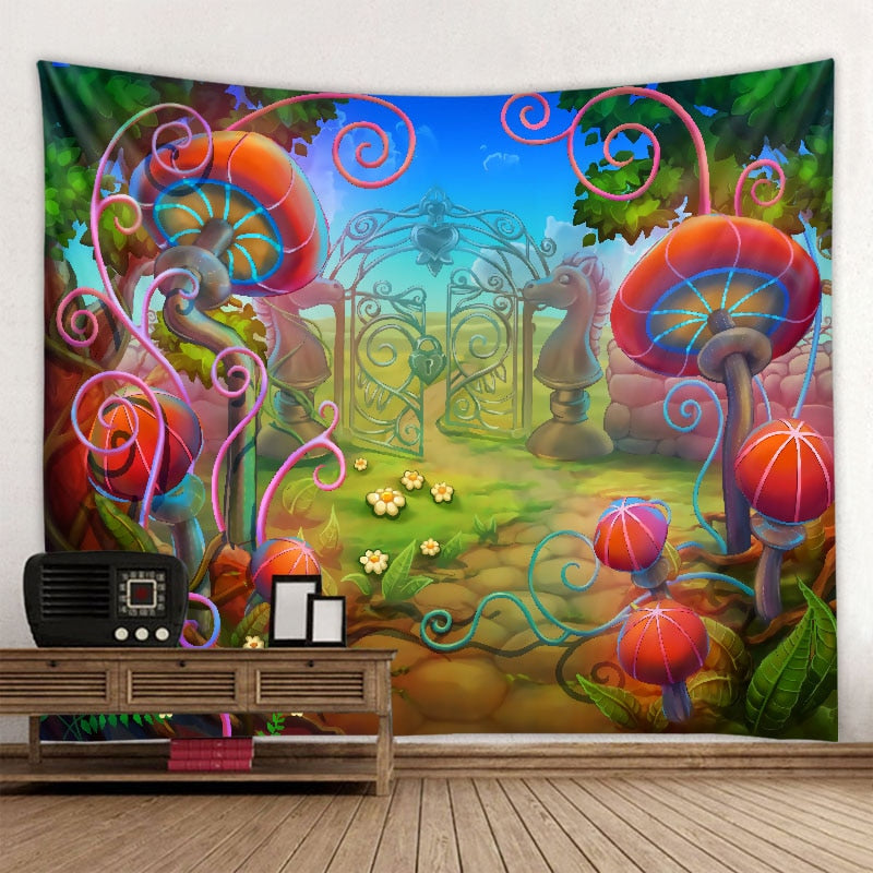 HULIANFU Psychedelic Mushroom 3D Printing Tapestry Hippie Fantasy Colorful Art Tapestry Mandala Bohemian Family Dormitory Wall Decoration