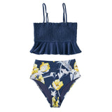 Smocked Blue Leaves Print Bikini Sets Women Ruffle High-waist Tankini Two Pieces Swimsuits Girl Boho Bathing Suits