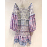 hulianfu Floral Print Ruffle Dress for Women Vintage Summer Dress Puff Sleeve Ruched Ladies Dress Sexy Boho Party Dress