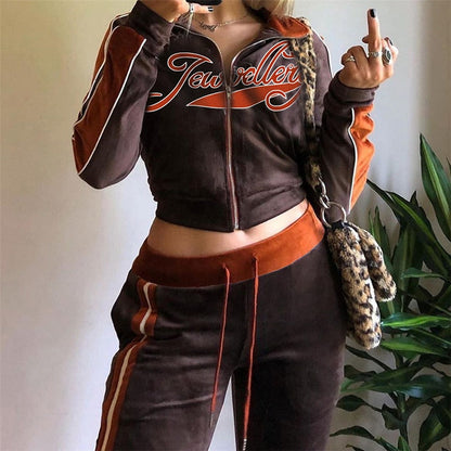 Hulianfu Letter Print Velvet Tracksuit Women 2 Piece Sets Fashion Outfits Female Zipper Sport Activitywear Suits Leisure Streetwear Moda