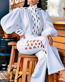hulianfu Ladies Fashion Lace Shirt White Temperament Commuter Long Sleeve Solid Color Pants Retro Two-piece Set