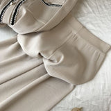 New Autumn Korean Color Block Round Neck Double Pocket Knit Cardigan Top + Loose Wide Leg Pants Two-Piece Pants Set Women