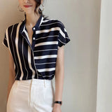 hulianfu Summer Women Casual Striped Shirt Office Lady Short Sleeve Fashion Chiffon Shirt Top Female Blouse