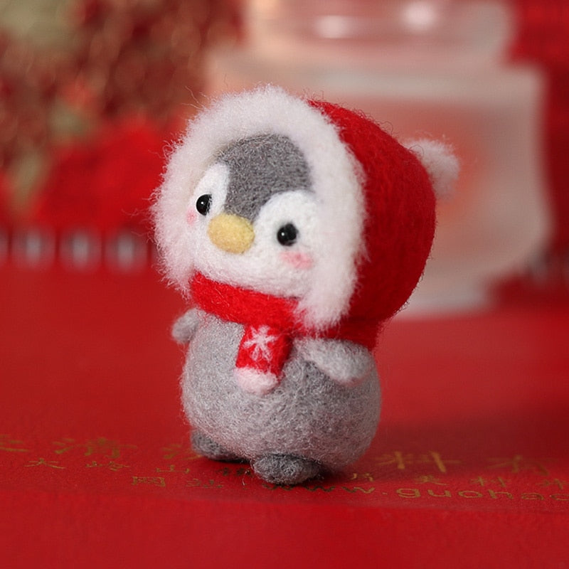 HULIANFU Unfinished Felt Kit  New Latest Funny Festive Christmas New Year Penguin Wool Needle Felt Kit Package DIY Handmade Doll Toy