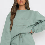 Green Vintage Letters Embroidered Crewneck Sweatshirt Women Winter Tops Oversized Girls Streetwear New Korean Fashion Pullovers