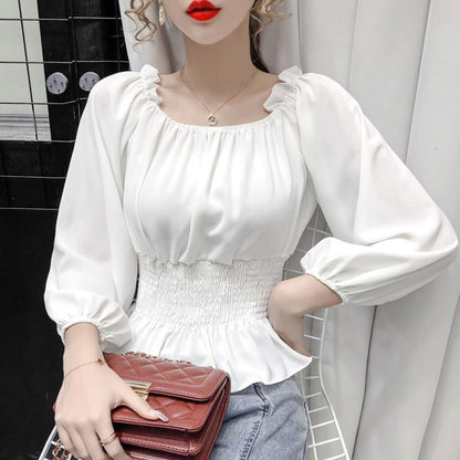 Hulianfu Youth Elegant Blouse Women Chiffon Fashion Blouse Off Shoulder White Shirt Ruffle Puff Sleeve Top Office wear