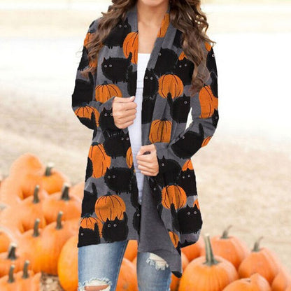 Halloween Cardigan Coats Women  Ghost bat Pumpkin Black Cat Printing Clothes Plus Size Autumn Winter Long Cardigans Tops Jacket