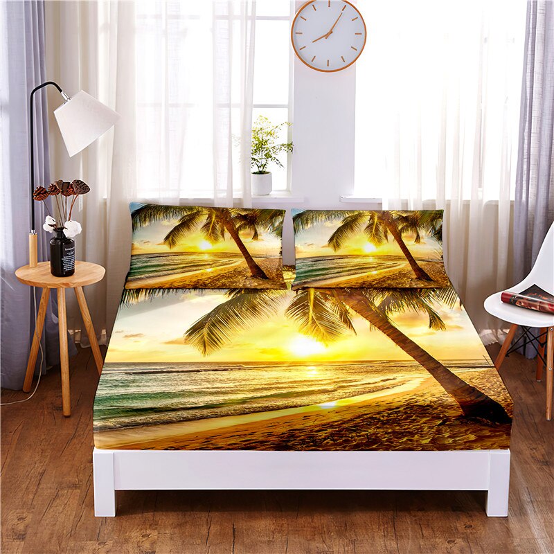 HULIANFU Sunset Beach Digital Printed 3pc Polyester  Fitted Sheet Mattress Cover Four Corners with Elastic Band Bed Sheet Pillowcases