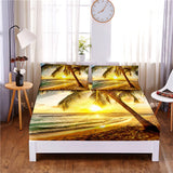 HULIANFU Sunset Beach Digital Printed 3pc Polyester  Fitted Sheet Mattress Cover Four Corners with Elastic Band Bed Sheet Pillowcases