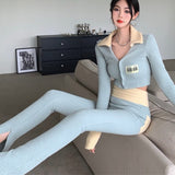 Korean Fashion Simple Casual Two Piece Tracksuit Women Crop Top + Pants Suits Autumn Winter 2 Piece Pants Sets Trousers Suits
