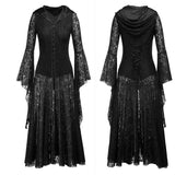 Gothic Hooded Black Halloween Punk Dress Cosplay Women Sexy Lace Goth Long Dress  Victorian Medieval Vintage Steampunk Dress