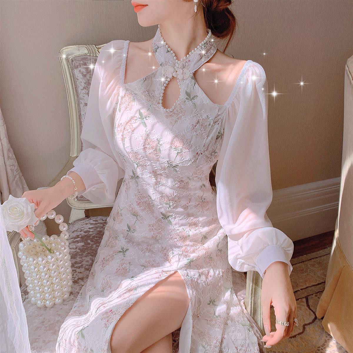 Hulianfu Elegant Vintage Cheongsam Dress Women Patchwork Floral Korean Split Party Dress Lady Casual Design Long Sleeve Fairy Midi Dress