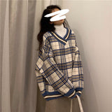 Oversized Hoodie Plaid Pullovers V-Neck Long Sleeve Top Women Loose Korean Fashion Clothing Harajuku Sweatshirt Women Clothing