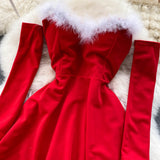 Women Elegant Dress For New Year  Strapless Backless Furry Sexy Short Mini Christmas Dress Navidad Red Party Dress Femme