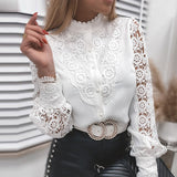 hulianfu  Elegant Stand Collar Button Lace Blouse Women Sexy Hollow Out Design Top Shirt hulianfu Spring Petal Sleeve Office Lady Casual Blusa