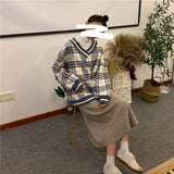 Oversized Hoodie Plaid Pullovers V-Neck Long Sleeve Top Women Loose Korean Fashion Clothing Harajuku Sweatshirt Women Clothing